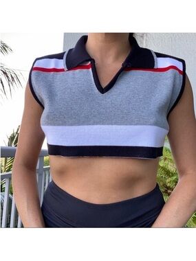 Spunky Vintage Gray Black White Stripe Collar Vest Crop Top S